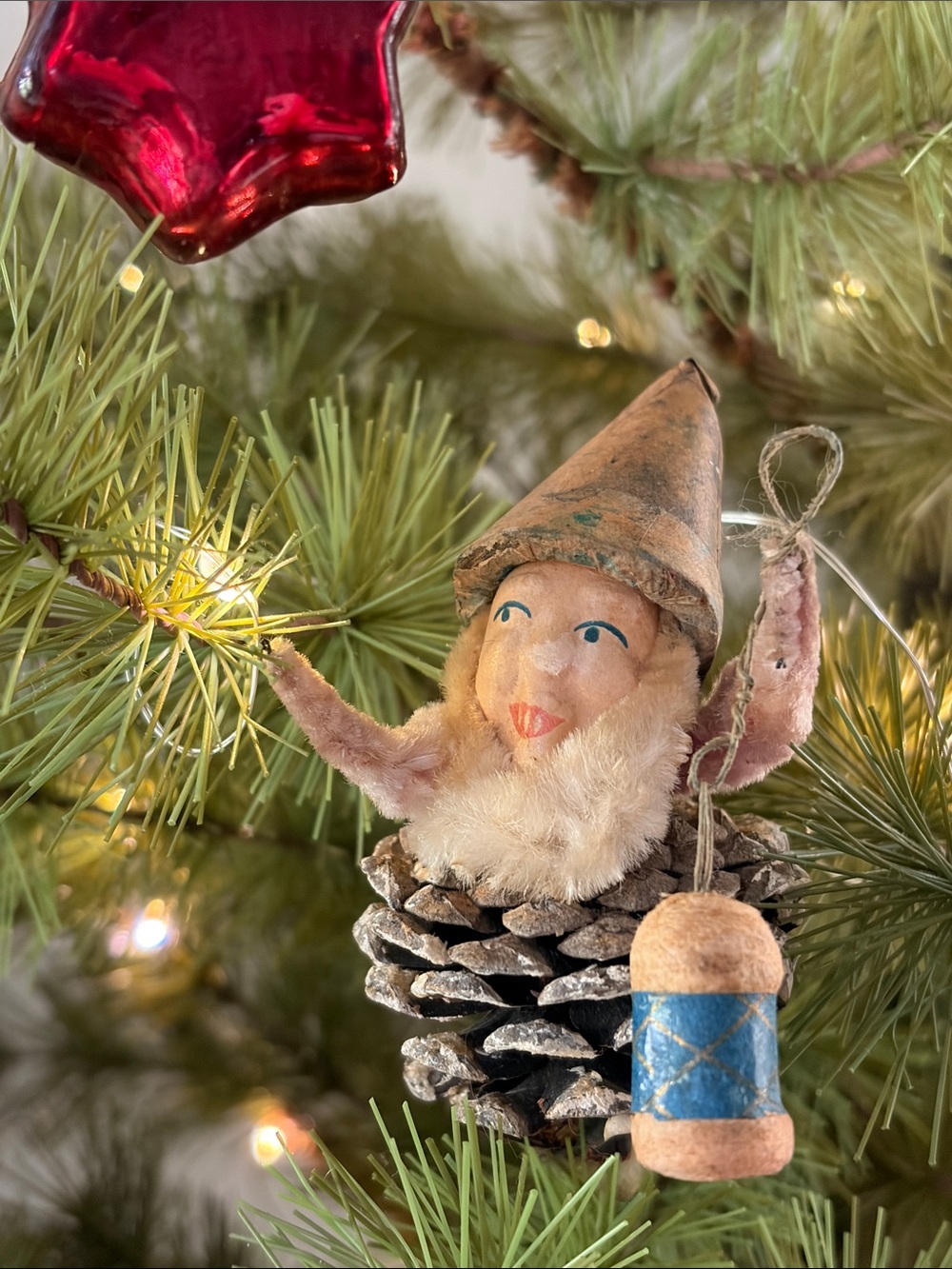 Vtg 1940’s Pinecone Elf Gnome Holding Lantern Christmas Ornament.
